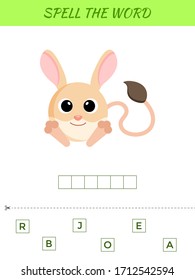 Spelling word scramble game template. Educational activity for preschool years kids and toddlers with cute jerboa. Flat vector stock illustration.