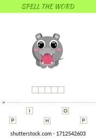 Spelling word scramble game template. Educational activity for preschool years kids and toddlers with cute hippo. Flat vector stock illustration.