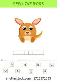 Spelling word scramble game template. Educational activity for preschool years kids and toddlers with cute kangaroo. Flat vector stock illustration.
