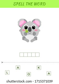 Spelling word scramble game template. Educational activity for preschool years kids and toddlers with cute koala. Flat vector stock illustration.