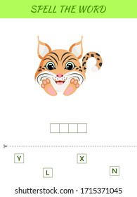 Spelling word scramble game template. Educational activity for preschool years kids and toddlers with cute lynx. Flat vector stock illustration.