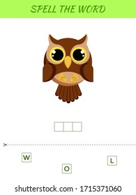 Spelling word scramble game template. Educational activity for preschool years kids and toddlers with cute owl. Flat vector stock illustration.