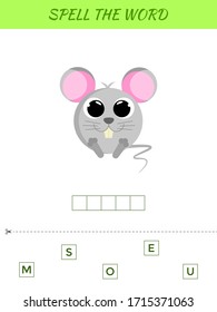 Spelling word scramble game template. Educational activity for preschool years kids and toddlers with cute mouse. Flat vector stock illustration.