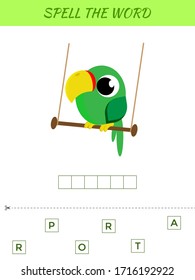Spelling word scramble game template. Educational activity for preschool years kids and toddlers with cute parrot. Flat vector stock illustration.