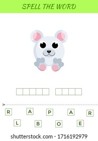 Spelling word scramble game template. Educational activity for preschool years kids and toddlers with cute polar bear. Flat vector stock illustration.