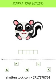 Spelling word scramble game template. Educational activity for preschool years kids and toddlers with cute skunk. Flat vector stock illustration.