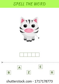 Spelling word scramble game template. Educational activity for preschool years kids and toddlers with cute zebra. Flat vector stock illustration.