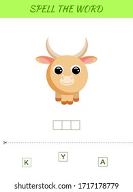 Spelling word scramble game template. Educational activity for preschool years kids and toddlers with cute yak. Flat vector stock illustration.