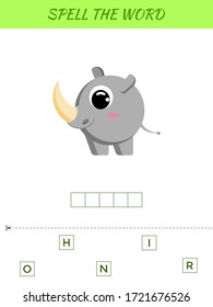 Spelling word scramble game template. Educational activity for preschool years kids and toddlers with cute rhinoceros. Flat vector stock illustration.