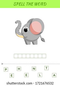 Spelling word scramble game template. Educational activity for preschool years kids and toddlers with cute elephant. Flat vector stock illustration.