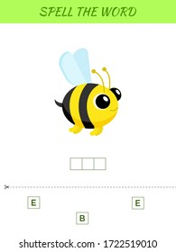 Spelling word scramble game template. Educational activity for preschool years kids and toddlers with cute bee. Flat vector stock illustration.