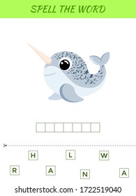 Spelling word scramble game template. Educational activity for preschool years kids and toddlers with cute narwhal. Flat vector stock illustration.