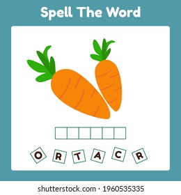 Spelling Word Scramble Game Template carrot. Perfect for Kids Activity.