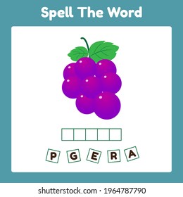 Spelling Word Scramble Game Template Grape. Perfect for Kids Activity.