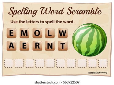 Spelling word scramble game template with word watermelon illustration