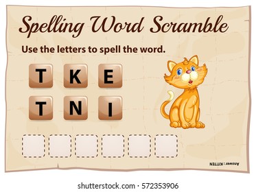 Plantilla de juego de rayado de palabras ortográficas con ilustración de gatito