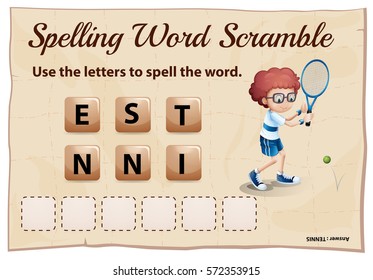 Spelling word scramble game template with tennis illustration