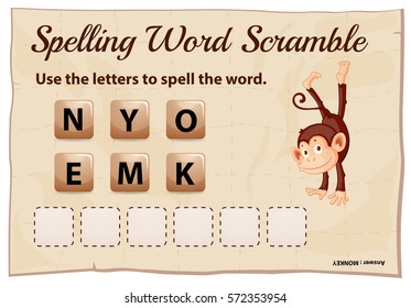 Spelling Word Scramble Game Template With Monkey Illustration