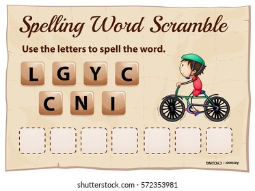Spelling word scramble game template with cycling illustration