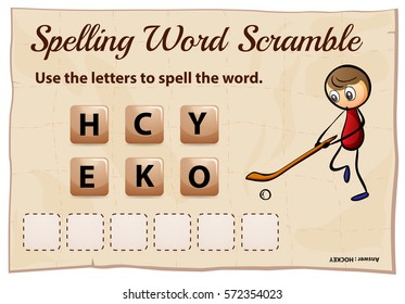 Plantilla de juego de scramble de palabras con ilustración de hockey