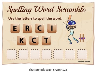Ortografia palavra embaralhar modelo de jogo com críquete esporte ilustração