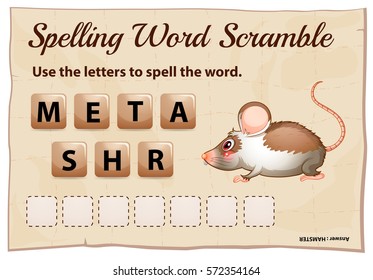 Spelling word scramble game template with hamster illustration