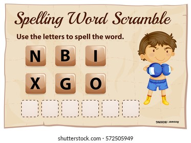 Spelling word scramble game template with word boxing illustration