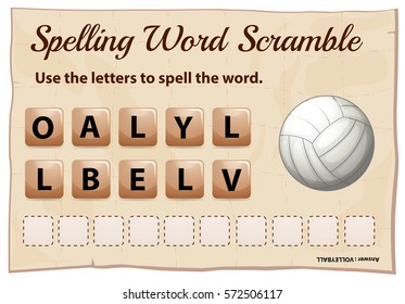 Spelling word scramble game template with word volleyball illustration