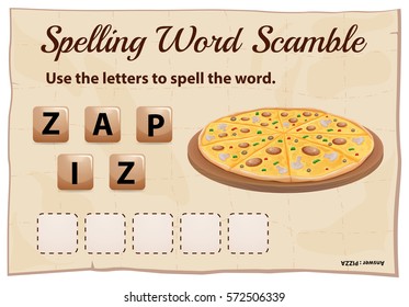 Spelling word scramble game template with word pizza illustration