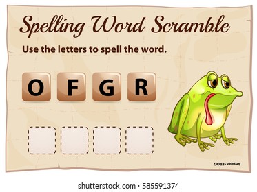 Spelling word scramble game template for frog illustration