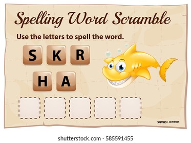 Spelling word scramble game template for shark illustration