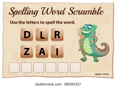 Spelling word scramble game template for lizard illustration