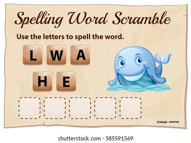 Spelling word scramble game template for whale illustration