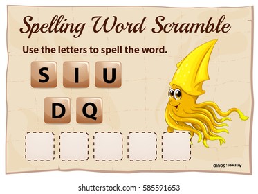 Spelling word scramble game template for squid illustration