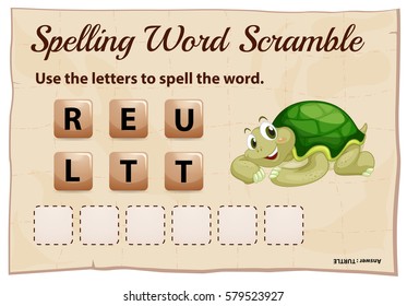 Spelling word scramble game with word turtle illustration