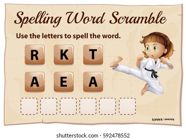 Spelling word scramble for word karate illustration