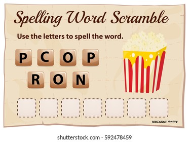 Spelling word scramble for word popcorn illustration