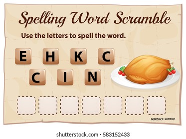 Spelling word scramble template for word chicken illustration