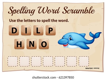 Spelling word scramble template for dolphin illustration