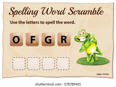 Spelling word scramble template with word frog illustration