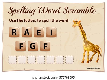 Spelling word scramble template with word giraffe illustration