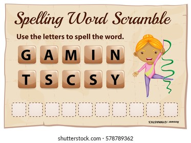 Spelling word scramble template with word  gymnastics illustration