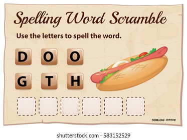 Spelling word scramble template for word hotdog illustration