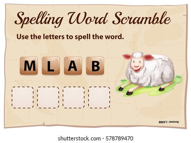 Spelling word scramble template with word lamb illustration