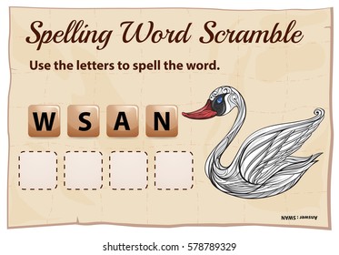 Spelling word scramble template with word swan illustration