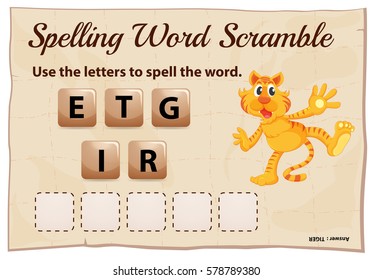 Spelling word scramble template with word tiger illustration