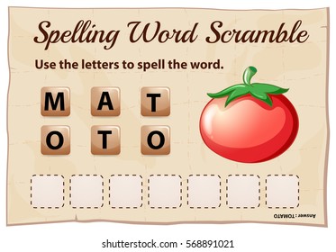 Spelling word scramble template with word tomato illustration