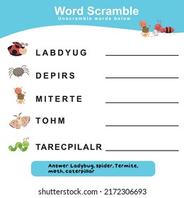 Ortografía de Word Scramble. Hoja de trabajo para aprender inglés. Actividad educativa para niños de preescolar. Ilustración vectorial.