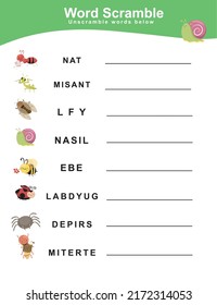 Spelling Word Scramble. Worksheet for learning English. Educational activity for preschool kids. Vector illustration.