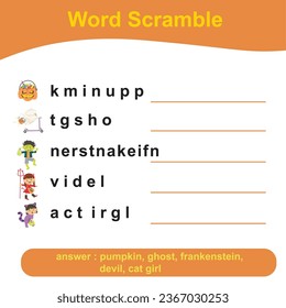 Schreibweise von Word Scramble-Arbeitsblatt. Arbeitsblatt zum Englischlernen. Erziehungsaktivität für Kinder. Einfaches, druckbares Arbeitsblatt. Vektorgrafik.